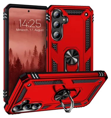 A red phone case with a ring holder is displayed from multiple angles, with a phone showing a forest scene on its screen.