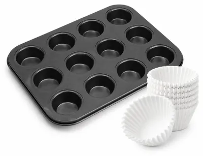 Produktbild von 12-Tassen-Mini-Muffinform Mit 400 Packungen Weißem Einwegpapier, Antihaftbeschichtetes Cupcake-Backblech Aus Kohlenstoffstahl(Schwarz)