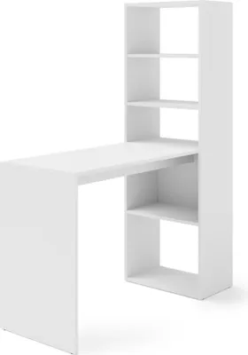 A white desk with integrated shelving units, shown from a slightly elevated side angle against a white background.