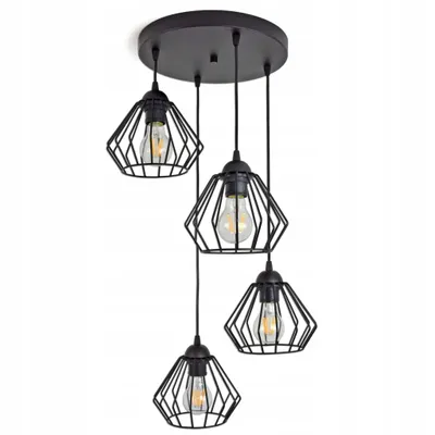 A black metal pendant light fixture with four diamond-shaped wire cages, each containing an Edison-style bulb, hanging from a circular ceiling plate.
