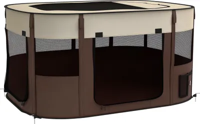 Image de PawHut Parc pour chien en tissu Oxford, parc chiot, enclos extérieur pour animaux, avec poches de rangement, enclos pliable pour chiens chiots, 114 x 89 x 59 cm, blanc crème et marron