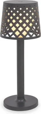 A dark gray outdoor table lamp with a lattice pattern on the shade.