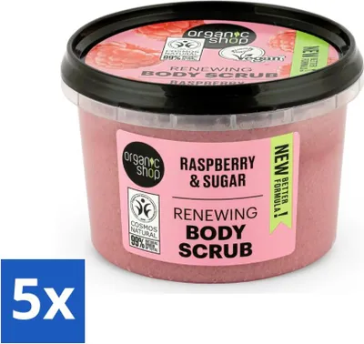 Obrázek produktu pro Organic Shop - Organický malinový cukrový tělový peeling - osvěžující a exfoliační - 250 ml - hodnotné balení - 5 kusů