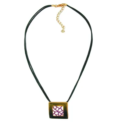 Produktbild von Kette 27x30mm Metallanhänger Viereck goldfarben grün-lila emailliert Kordel grün 42cm grün 27x30mm