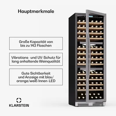 Produktbild von Klarstein Vinovilla Trio Weinkühlschrank – 144 Flaschen, 3 Zonen, 5–20°C, LED-Beleuchtung, UV-Schutz, freistehend, Weinklimaschrank