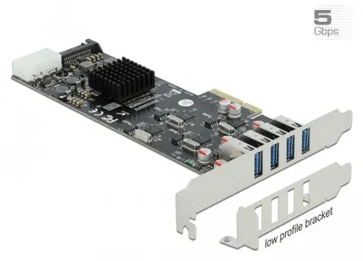Produktbild von DeLOCK PCI Express x4 Karte zu 4 x extern SuperSpeed USB (USB 3.2 Gen 1) USB Typ-A Buchse Quad Channel - Low Profile Formfaktor, PCIe, PCIe, SATA, USB 3.2 Gen 1 (3.1 Gen 1), Niedriges Profil, PCIe 2.0, Grau, PC