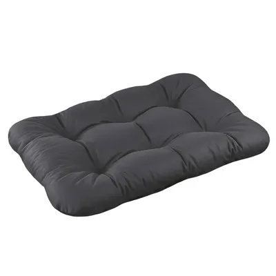 A dark gray dog bed is shown against a white background.