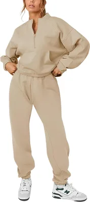 Produktbild von Damen Trainingsanzug Baumwolle Set Sweatshirt Jogginghose Beige Fleece L