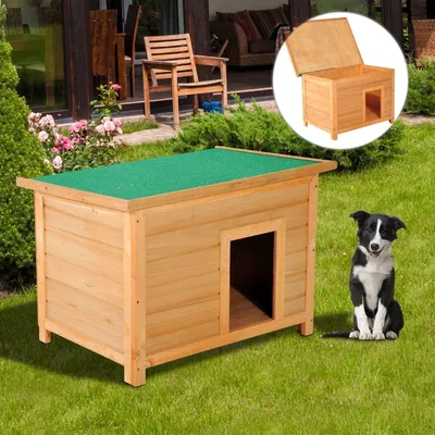 Image de Abri pour chien en bois de sapin avec toit ouvert | Couleur : marron, vert | Dimensions : 33,46 x 22,83 x 22,83 cm