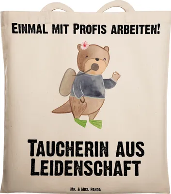 Produktbild von Mr. & Mrs. Panda Beutel Taucherin Leidenschaft - Transparent - Geschenk, dokumententasche, Tote Bag, Tasche, Laptoptasche, Schultasche, Shopping