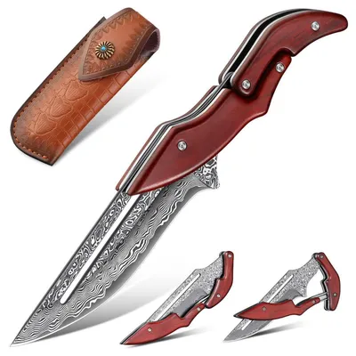 Image de Couteau pliant avec étui, en bois de palissandre rouge-brun, lame en acier damasquiné, présenté dans une boîte cadeau