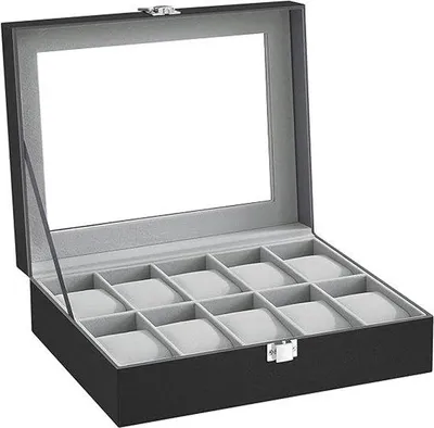 Produktbild von Famanu Uhrenbox mit 10 Fächern, Glasdeckel, abnehmbaren Uhrenkissen, Samtbezug, Metallverschluss, PU, schwarz, grau, 25,4 x 7,8 x 20,2 cm