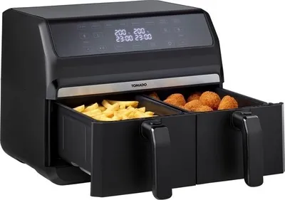 Produktbild von Tomado TAF8001B - Doppel-Luftfritteuse - Heißluftfritteuse - 2 x 4 Liter Fassungsvermögen - 1700 Watt - Touch-Steuerung - 8 Automatikprogramme