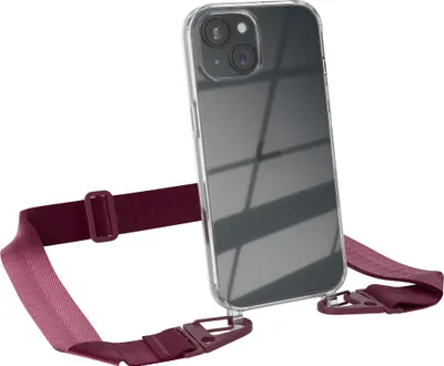 Produktbild von EAZY CASE - Hülle mit Band für Apple iPhone 15, Handyhülle mit Umhängeband, Silikonhülle transparent, Handykette in Rot