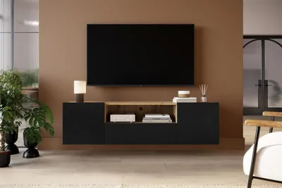 Zdjęcie produktu dla SZAFKA RTV ASHA 200 cm RYFLOWANA ARTISAN CZARNY MAT NA STELAŻU DO SALONU