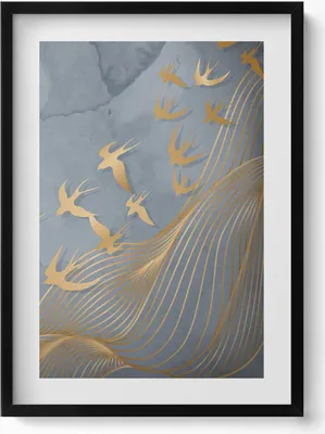 Produktbild von Illustration von fliegenden Vögeln– Wandbild mit Rahmen – Gerahmtes Bild  – Wanddekoration – 50x70 cm –  Schwarz Rahmen
