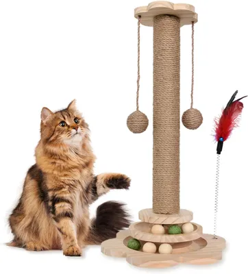 Produktbild von Kratzbaum für Katzen – 4-in-1-Kratzbaum aus Holz mit zwei Sisalkugeln und Sisal-Hängebällen für Katzenwelpen und ausgewachsene Katzen