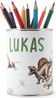 Obrázek produktu pro personalizovaný kelímek na tužky s dinosaurem a jménem - BEZ PERA - držák na tužky s perem