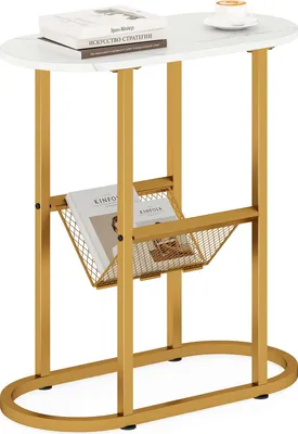 Produktbild von COSTWAY Schmaler Beistelltisch, 2-stufiger ovaler Nachttisch mit Zeitschriftenschlinge, Sofatisch mit robustem Metallgestell, Endtisch, Weiß + Gold