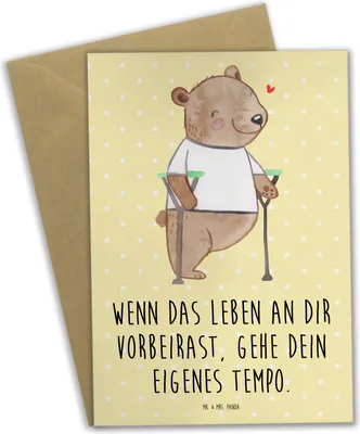Produktbild von Mr. & Mrs. Panda Grußkarte Bär Beinamputation - Gelb Pastell - Geschenk, hochzeitskarten, Amputation, Grußkarten, osterkarten, weihnachtskarten, einladungskarten