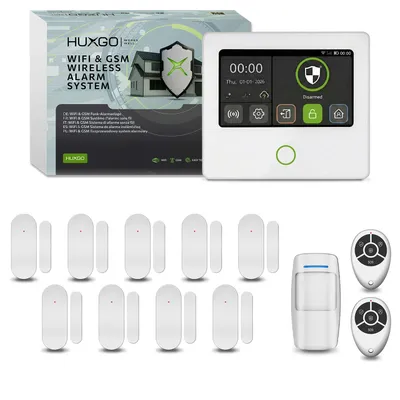 Image de Système d'alarme HUXGO Wi-Fi GSM 4G, kit comprenant 1 détecteur de mouvement et 9 capteurs de porte, application HXA502
