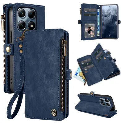 Collage of a blue wallet-style phone case for a Xiaomi 14T Pro, showing different angles and features.