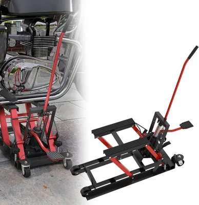 Immagine prodotto di Piattaforma elevatrice idraulica per motociclette QEENTOE, con portata fino a 680 kg, regolabile in altezza su 3 livelli (230-340 mm), adatta per motociclette, ATV e quad, colore rosso