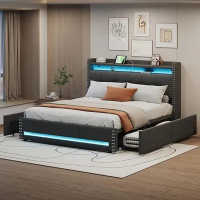 Obrázek produktu pro Postel s čalouněnou konstrukcí 160x200 cm s LED osvětlením a USB zásuvkou, čelo postele s policemi a se 4 zásuvkami, manželská postel, lněná tkanina, šedá barva (160x200 cm, se zásuvkami)