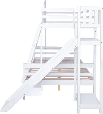 A white wooden bunk bed with a slide and ladder, shown from the side against a white background.