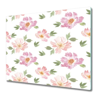 Produktbild von Küchenteller - Schneidebrett Glas - Herdabdeckung - 60x52 - Rosa Blumen Aquarell