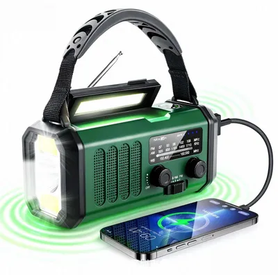 Obrázek produktu pro Zimilo Multifunkční nouzové rádio se solárním a ručním nabíjením, příjmem AM/FM, integrovanou LED svítilnou a funkcí powerbanky, baterií 20000 mAh, zelené