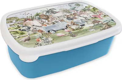 Produktbild von KitchenYeah® Lunchbox Brotzeit Brotdose 17x11 cm Dschungel - Bus - Tiere - Kinder - Pflanzen Kinder Brotzeitdose - Lunch - Kunststoff  - Brotbüchse - Sandwichbox - Lunchbox für Kinder