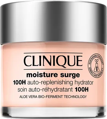 A close-up studio shot of a Clinique Moisture Surge 100H Auto-Replenishing Hydrator jar.