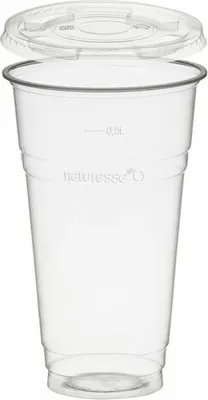 Produktbild von 50x Trinkbecher 500ml + Deckel flach ohne Loch aus Biokunststoff (PLA)