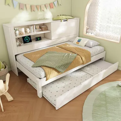 Zdjęcie produktu dla Rozkładana sofa z wysuwanym łóżkiem i stelażem z listew, w zestawie stacja ładująca USB/USB-C i schowek, bez materaca, kolor biały, 90×200 cm