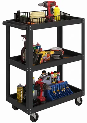 Productafbeelding van Werkplaatswagen met 3 schappen en zijsteunen, 4 wielen, 70,5 x 35 x 82,5 cm, zwart