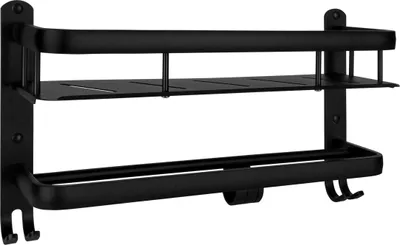 Produktbild von QUVIO Küchenregal mit Ablage und Haken – Küchenorganizer – Wandregal für die Küche – Hängendes Küchenregal – 14 x 40 x 23 cm (L x B x H) – Inkl. Montagematerial – Schwarz