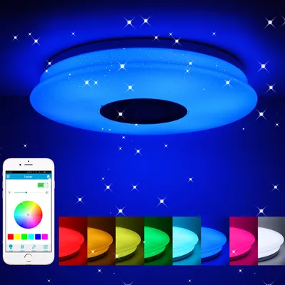 A collage showing a smart LED ceiling lamp with a Bluetooth speaker, controlled by a smartphone app, and demonstrating various color options.