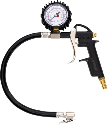 Immagine prodotto di Gonfiatore per pneumatici STIER SRF, campo di misura da 0 a 15 bar, pressione di esercizio 6,3 bar, lunghezza tubo 350 mm, gonfiatore per pneumatici ad aria compressa, tester per pneumatici ad aria compressa