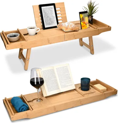 Produktbild von Navaris Bambus Badewannenablage Frühstückstablett ausziehbar - Buch Ablage Weinglas Halterung - Tablett für Badewanne und Bett - aus Holz in Braun