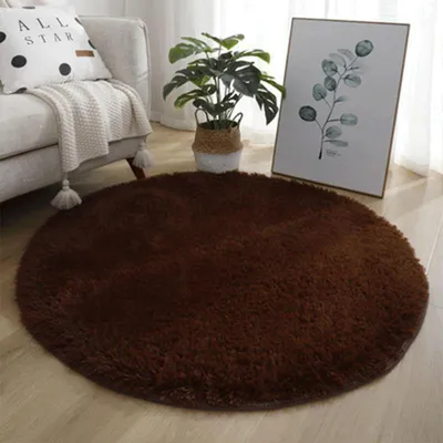 Obrázek produktu pro Kulatý koberec do obývacího pokoje, vysoký vlas, plyšový, barva kávy, průměr 140 cm