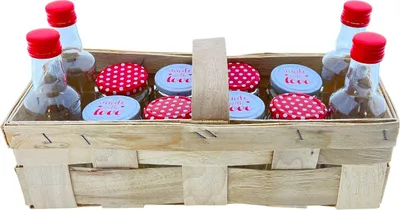 Obrázek produktu pro Dárková zavařovací sada v dřevěném košíku - sklenice na džem a lahve na šťávu - 12 kusů
