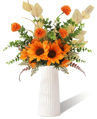 Image de Elzusha - Fleurs artificielles tournesols - 5 pièces - Bouquet décoratif - Fleurs factices - Décoration de table - Mariage/Salon - Aspect réaliste - Faux tournesols