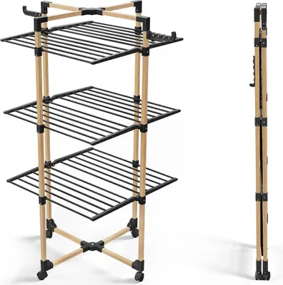 A three-tier drying rack is shown from the front and side.