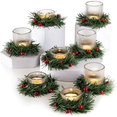 Image de Bougeoirs de Noël : Lot de 8 verres à bougie striés avec couronne de Noël