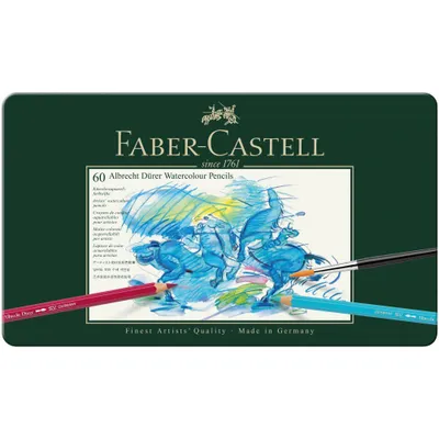 A metal tin of Faber-Castell Albrecht Dürer watercolour pencils, with three pencils and a paintbrush in the foreground.