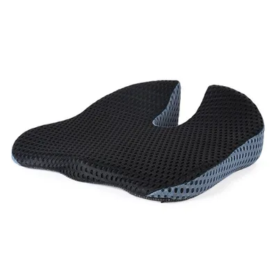 A black and gray ergonomic seat cushion with a U-shaped cutout.