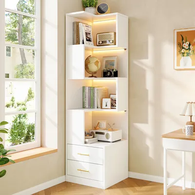 Produktbild von Flieks Eckschrank mit LED-Beleuchtung & 2 Schubladen, 4-Ebenen-Bodenregal, Holzschrank 45x45x165cm, Schrank für Küche, Esszimmer und Wohnzimmer, Weiß