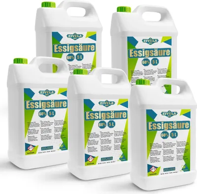 Produktbild von 25L Essigsäure 60%  | 5x5L Essigessenz 60 prozent Lebensmittelqualität 25 kg | Hochreiner Essig für Vielseitige Anwendungen | Perfekt für Hausgebrauch Industrie Gartenbau Reinigung