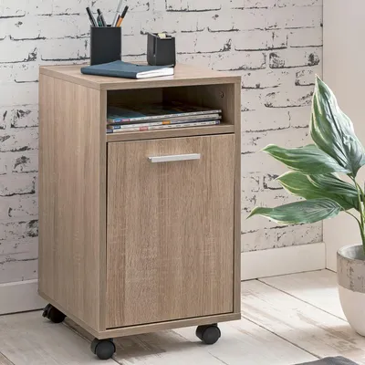 Produktbild von FineBuy Rollcontainer Sonoma Holz 33x60x38cm Schubladenschrank Büro Container Schreibtischcontainer mit Tür & Ablage Bürocontainer Beistellcontainer